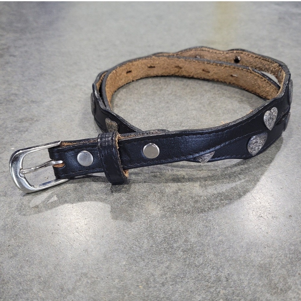 VTG Black Leather Belt 30 Black Silver Heart Concho Western Scalloped Cowgirl